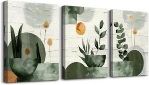 TTHYUEWS Boho Wall Art For Bedroom Canvas Wall Decor For Living Room Office Abstract Decorations Plant Wall Paintings Geometry Pictures Artwork Modern Bathroom Home Decor Ready To Hang 3 Piece