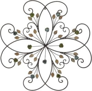 KUWIVO Lechesis 24″ Metal Flower Scroll Wall Art Decor Sculptures with Rust Leaf for Living Room Bedroom