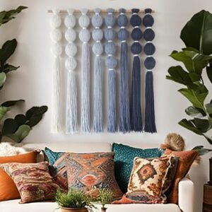 IOWER Macrame Wall Hanging Blue Yarn Wall Art Tassel Wall Decor with Knotted Ball Design Bohemian Wall Decor for Living Room Bedroom Home Backdrop 27″ W x 39″ L