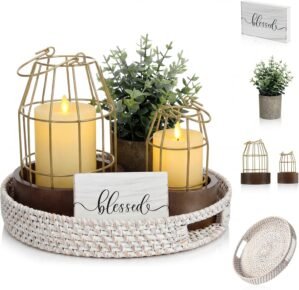 Mumufy Modern Rustic Farmhouse Candle Lantern Set of 5 (Candles are Not Included), Decorative Lanterns for Living Room Table Centerpieces Fireplace Mantle Modern Home Decor(Small,Gold, Burlywood)