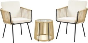 Yaheetech 3 Piece Patio Rattan Bistro Set, Outdoor All Weather PE Wicker Conversation Furniture Set with 2 Chairs & Tempered Glass Top Table & Cushions, for Poolside/Porch/Garden/Yard, Tan/Cream