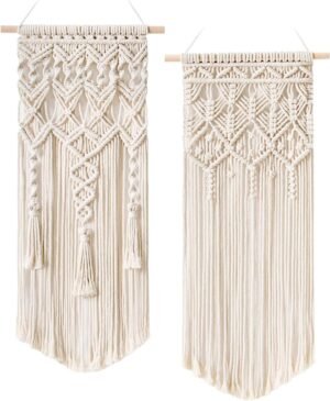 Mkono 2 Pcs Macrame Woven Wall Hanging Boho Chic Geometric Art Decor – Beautiful Bedroom Nursery Apartment Home Decoration, Gift for Girls Adults Birthday Christmas, 28″ L x 13″ W