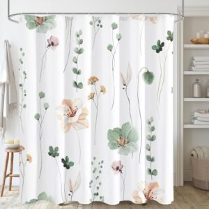 Gibelle Watercolor Floral Shower Curtain, Sage Green Beige Flower Shower Curtain for Bathroom, Modern Minimalist White Waterproof Fabric Shower Curtain Set 72×72 Inch