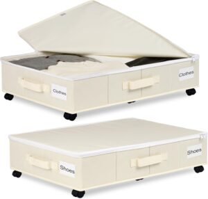 Vincona Under Bed Storage with Wheels, 2 Pack Under Bed Storage Containers with Label Holders for Clothes, Shoes and Blankets, Rolling Underbed Shoe Organizer with Cover, Beige (30.71×15.7×7.28 in)