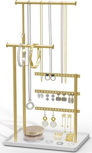 susswiff Jewelry Holder Organizer Stand – Adjustable Tall 17.5″ (Max), Sturdy Jewelry Hanger for Necklaces, Earrings, Bracelets, Rings, Jewlery Display and Storage, Gold and White, Metal