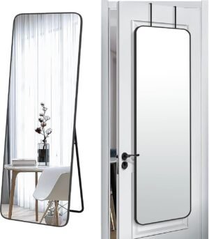 SCWF-GZ 57×20 Door Hanging Full Length Mirror, Floor Stand (Height 5.7ft just Body in1.3ft) Wall Mounted Metal Frame Rectangle Dressing Mirrors for Bedroom Living Room 57 inch Black