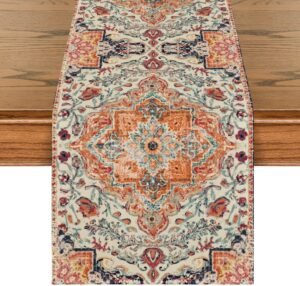 Artoid Mode Boho Bohemia Style Orange Table Runner, Country Rustic Farmhouse Magical Fall Kitchen Dining Table Decoration for Home Party Decor 13×72 Inch