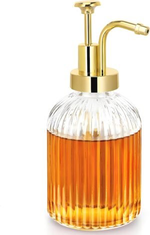 TIWPAJS Glass Coffee Syrup Dispenser 10oz, Syrup Bottles with Ribbed Design, Gold Syrup Pump, Coffee Bar Accessories, Honey Dispenser