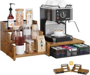 Coffee Station Organizer with K Cup Holder, 28 Pod Capacity,3-Tier Syrup Rack with Coffee Pod Holder Drawer, Coffee Bar organizer Countertop for Accessories,Rustic Brown