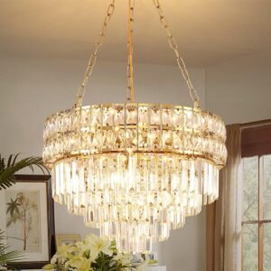 Modern Crystal Chandelier Gold Finish Light Fixture, Round Crystal Pendant Light Hanging Lamp, for Living Room, Dining Room, Restaurant, E12 x 11, Ø21.5 inch(V Shape)