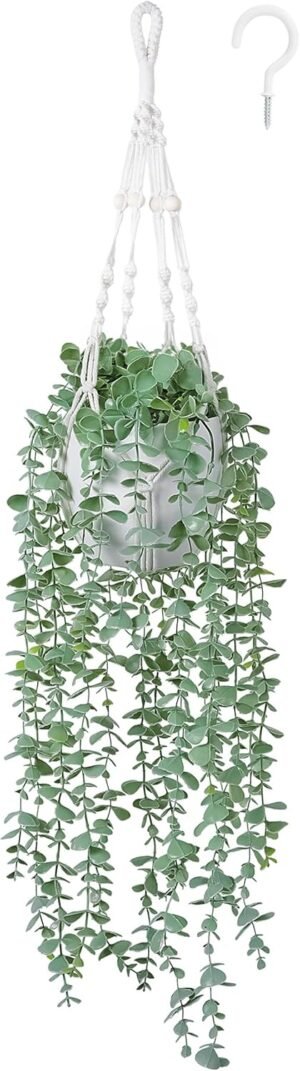 DREAMLOOM Fake Hanging Plants with Pot, Artificial Eucalyptus Hanging Plants with Macrame Hanger for Indoor Decor, Fake Hanging Vines Faux Greenery for Home Kitchen Office