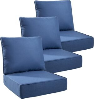 Luxury 6″ Outdoor Cushions for Patio Furniture, 24x24x6″ Thick Seat Cushion Set of 3, Fade Resistant Couch Chair Replacement Cushions High Density Deep Wicker Chair Cushion w/ Removable Cover, Blue