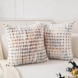 Boho Throw Pillow Covers Set of 2-18×18 Inch Farmhouse Tufted Pillow Covers Neutral Chenille Boho Throw Pillows, Accent Fluffy Pillow Cases for Couch Living Room Bed Sofa, Yellow and White