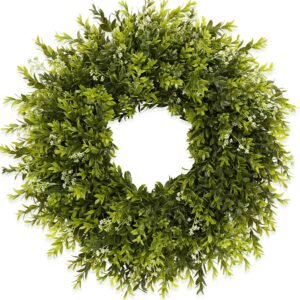 28” Large Boxwood Wreath for Front Door Porch Window Artificial Boxwood Leaves with White Seed Greenery Outdoor Indoor Wreath for Home Farmhouse Wall Decor Spring Summer Fall All Seasons (Green)