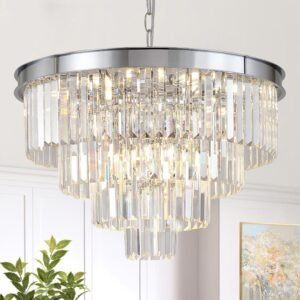 A AXILIXI Chrome Crystal Chandelier 24” Modern Chandelier for Dining Room Round Ceiling Pendant Light Fixture 4 Tiers 12 Lights Luxury Large Chandelier for Entryway Living Room Bedroom