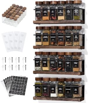 4-Tier Wall Mount Spice Rack Organizer with 24 Glass Jars, 216 Labels & Funnel – Screw/Adhesive Mount, Black Metal & Wood Spice Storage for Kitchen Pantry Cabinet, 11.6”L x 2.4”W x 3.2”H
