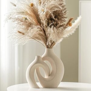 Lvases Snuggle Hollow Ceramic Vase Set of 2, Nordic Modern Boho ins Style Decorative Ceramic Aesthetic Flower Vase for Home Decor (Milky White W 6.3″ X H 8.4″)