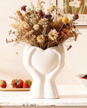 A Heart Held in Two Hands White Vases for Flowers – Cute Modern Small Ceramic Flower Vase for Pampas Grass – Decorative Table Vase for Coffee or Dining Table Centerpiece, Shelf – Gift for Mom (White)