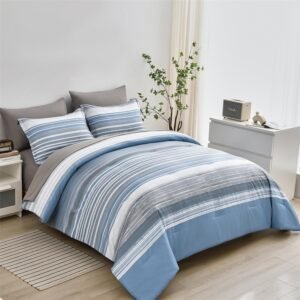 KAKIJUMN 7 Piece Bed in a Bag Stripe Comforter Set Queen Size, White Grey Blue Patchwork Striped Comforter and Sheet Set, All Season Soft Microfiber Complete Bedding Set(Light Blue,Queen)