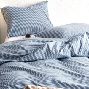 Wake In Cloud – Striped Cotton Duvet Cover Set, 100% Washed Cotton Textured Bedding Set, Ticking Stripe Pinstripe Farmhouse, 3 Pieces, Denim Blue, Queen Size