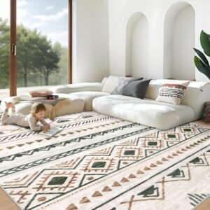 Area Rug Living Room Rugs 8×10 – Large Soft Boho Geometric Rug, Non-Slip Foldable Washable Rugs Non Shedding Morden Indoor Floor Carpet for Living Room Bedroom Office Dining Room(Brown Green,8’x10′)