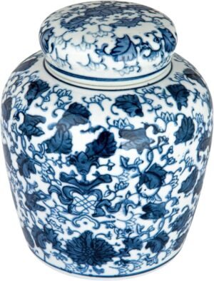 Creative Co-Op Blue & White Ceramic Ginger Jar with Lid