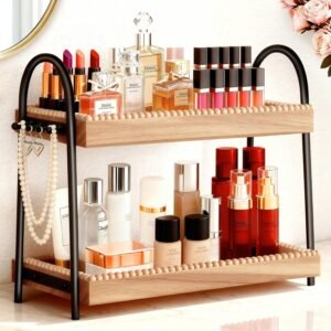 2-Tier Bathroom Countertop Organizer with 8 Hooks -Wooden Perfume & Makeup Storage Tray for Vanity Dresser, Farmhouse Skincare Organizer & Jewelry Holder for Kitchen Coffee Station