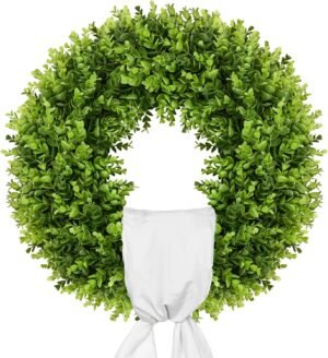 Vlorart 20″ Boxwood Wreath for Front Door with Sash & Plaid Bow, Full Lush Artificial Greenery Wreath for Spring Summer Farmhouse Wall, Window & Wedding Decor