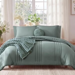 Monbix Queen Comforter Set – 7 Pieces Sage Green Bed in a Bag Queen Bedding Sets with Comforters, All Seasons Comforter Bed Set with Sheets,Pillowcases & Shams