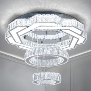 22.5″ Crystal Chandeliers Living Room Modern Chandelier Crystal Ceiling Light LED 2 Rings Pendant Light Flush Mount Chandelier for Bedroom Dining Room Entryway (Cool White)
