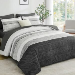 Drucon Black and Grey Comforter Set Queen Size 7 Piece Bed in a Bag, Boho Striped Bedding Set, Soft Microfiber Comforter and Sheet Set for All Season (Queen, 90″x90″)