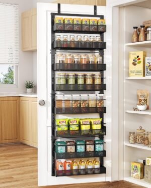 SNTD 8 Tiers Over the Door Organizer – Height Adjustable Pantry Organizers and Storage with Dense Mesh Baskets, Anti-Swing Hanging Door Spice Rack for Kitchen Bathroom (Black, 17″ W x 6″ D x 69″ H)