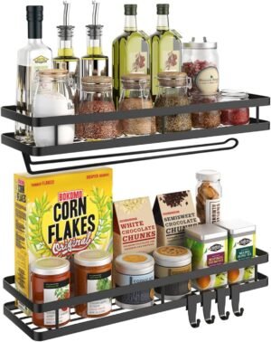 Spice Rack Organizer Wall Mount – 15.7in 2Pack [Upgraded Version] Hanging Seasoning Organizer Shelf with Paper Towel Holder, Storage for Cabinet or Wall Mounted with 4 Strong Hooks (Simple black)