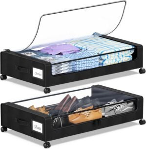 YAASHEEN Under Bed Storage with Wheels, 2-Pack Under the Bed Storage Containers with Clear Lids & Label, Underbed Storage Bins, XXL 60L Rolling Metal Drawer for Clothes, Shoes, Toys, Books – Black