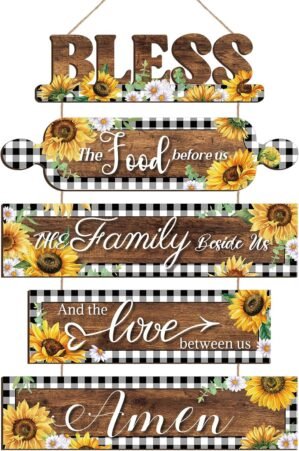 Sintuff Sunflower Kitchen Wall Decor Bless The Food Before Us Sign Farmhouse Wooden Signs Rustic Dining Room Wall Art Country Vintage Hanging Decoration for Home Kitchen Room(Plaid Style)