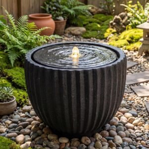 Giantex 18″ Round Outdoor Water Fountain with 6 LED Lights, Stone Gray Resin Sphere Waterfall Feature with Adjustable Pump, Lighted Bubbling Fountain for Garden Patio Porch Decor (17.5″ Dia. x 14″ H)