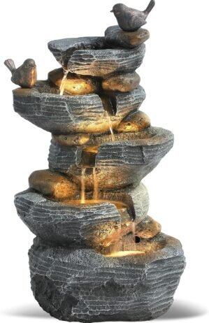 Grepatio Outdoor 5-Tiers Cascading Rock Water Fountain, Waterfall Fountain with 4 LED Lights, Outdoor Fountains and Waterfalls for Garden or Patio, Yard, and Deck Decor with Natural Stone Look