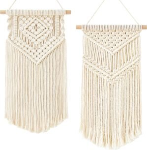 Dahey Small Macrame Wall Hanging 2 Pcs Woven Tapestry Wall Art Decor – Beautiful for Boho Home Bedroom Dorm College Classroom Decor, Apartment, Nursery, Party Decorations, 16.5″ L x 10″ W and 17.5″x 10″W