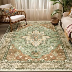 RELEANY Area Rugs 5’x7′ Washable Non-Slip, Floral Vintage Distress Print Pattern Medallion Carpet for Living Room Bedroom Dining Room, Brick Red Rust Neutral Brown Burnt Orange Green