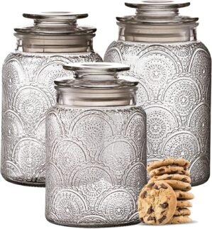 Le’raze Food Storage Containers with Airtight Lids – Retro Design – Pantry Organization, Glass Canisters Storage for Cookies, Tea, Sugar, Candy Jars, Sugar Packet, Set of 3