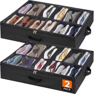 Lifewit Under Bed Shoe Storage Organizer 2 Pack(12 Shoes Cells), 4.3 Inches Profile Fabric Shoes Container Box with Clear Cover, Foldable Storage Bag with 2 Handles, Fits 12 to 24 Pairs
