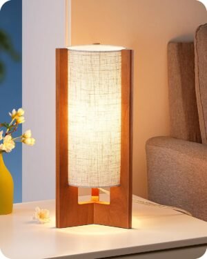 EDISHINE 13.5″ Small Table Lamp, Walnut Wood Cylinder Nightstand Lamp for Bedroom, Beige Linen Shade, Corner Modern Bedside Lamp for Living Room, On-Off Line Switch, E26 Base (Bulb Not Included)