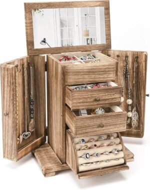 Emfogo Jewelry Box for Women, Rustic Wooden Jewelry Boxes & Organizers with Mirror, 4 Layer Jewelry Organizer Box Display for Rings Earrings Necklaces Bracelets (Rustic Brown)