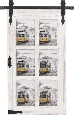 RiteSune White Wooden Barn Door 5×7 Photo Picture Frame Collage Wall Mounted for Family Entryway, Living Room, Bedroom