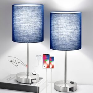 Set of 2 Touch Control Table Lamps with 2 USB & AC Outlet, 3-Way Dimmable Bedside Nightstand Lamps for Bedroom Living Room Nursery, 800 Lumens 5000K Daylight Bulbs Included