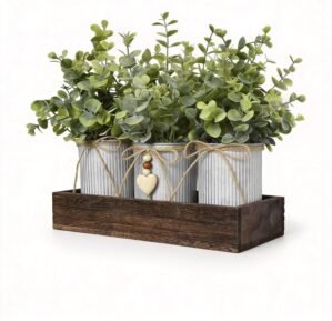 Rustic Farmhouse 3-Piece Artificial Eucalyptus Centerpiece – Wooden Tray with 3 Galvanized Metal Pots & Faux Greenery – Table Decor for Dining Room, Kitchen, Living Room, Bathroom, Office