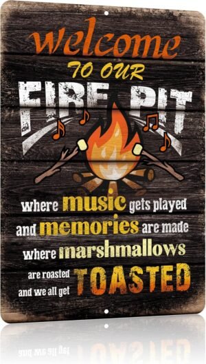 Yniaun Decor Welcome to Our Fire Pit Funny Camper/Camping Metal Tin Signs Vintage Patio Back Yard Decorations Gifts 8 X 12 Inch Indoor/Outside Accessories – Music Gets Played & Memories Are Made