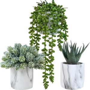 Winlyn Set of 3 Small Artificial Succulent Potted Plants Fake Aloe Hops String of Pearls in Modern Marble Ceramic Planter for Home Garden Bathroom Shelf Office Desk Tabletop Indoor Outdoor Décor