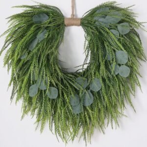 Artificial Saw Grass & Eucalyptus Wreath for Front Door, 22″ Faux Saw Grass Fake Eucalyptu Greenery Hanging Heart Shaped Wreath for Wall, Farmhouse, Window,Home Decor | Spring Summer