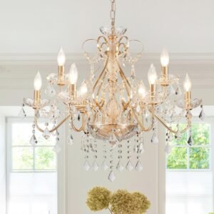 Saint Mossi Gold Crystal Chandelier for Dining Room, 9-Light Modern Chandelier Pendant Light, French Gold Crystal Raindrop Chandelier for Bedroom, Living Room, Foyer, H19 x D24